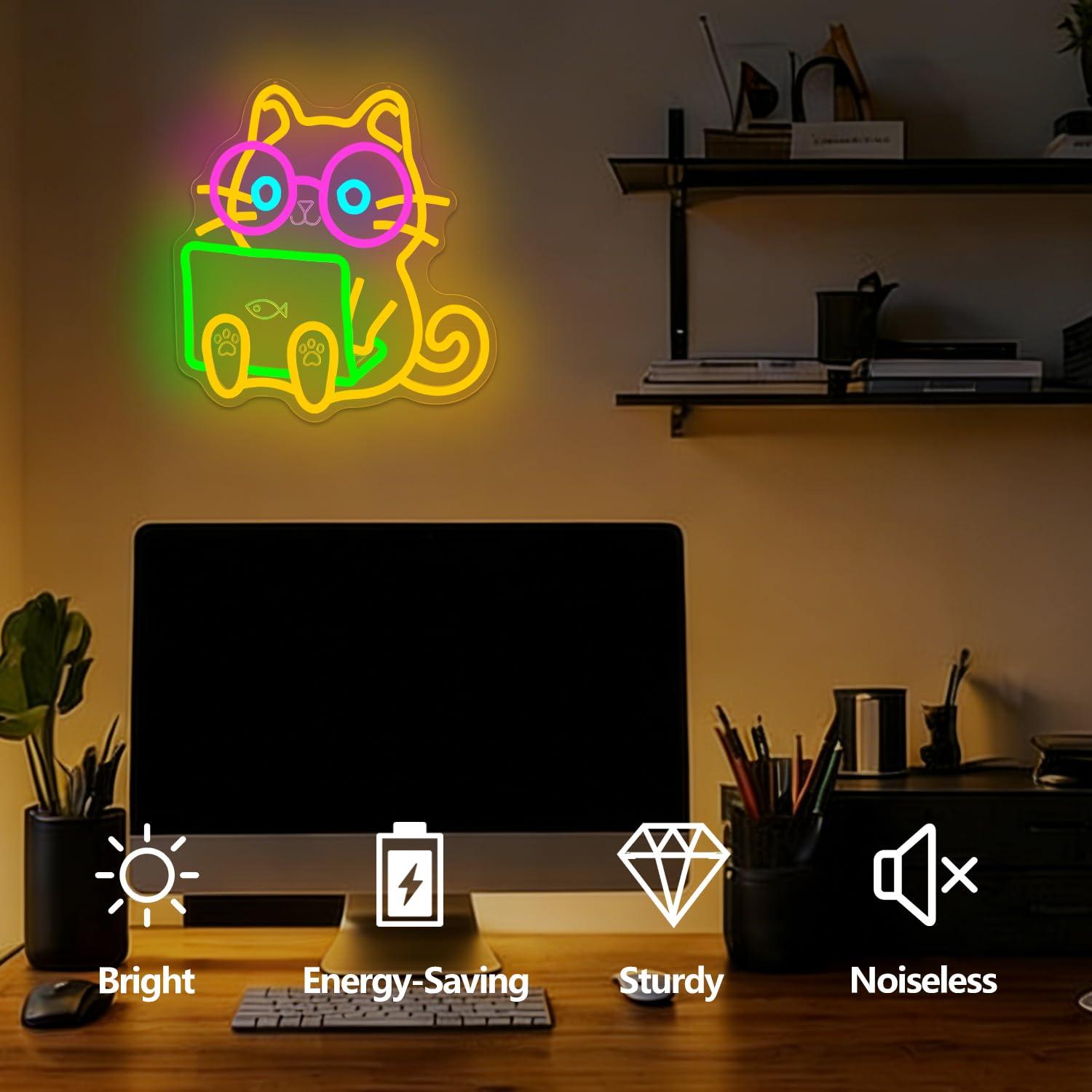 Cat Laptop Neon Sign USB Dimma - Tech Office Wall reseña y precio